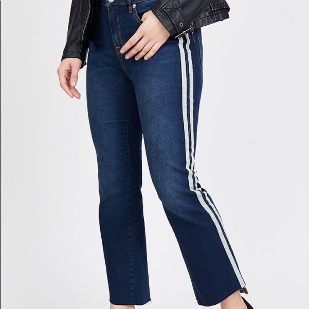 Juicy Couture Mid Rise Side white Stripe Flare frayed hem  jeans
